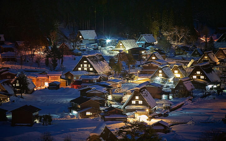 природа, деревня, ночь, деревья, снег, дом, Япония, огни, Сиракава-го, зима, пейзаж, HD обои