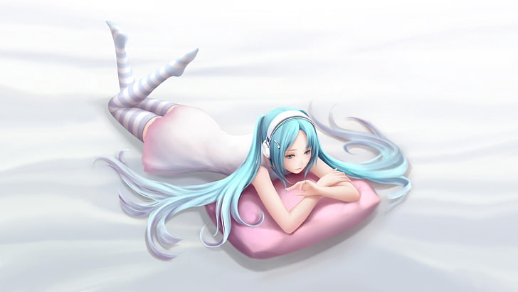 Hatsune Miku illustration, girl, sadness, pillow, headphones, stockings, HD wallpaper
