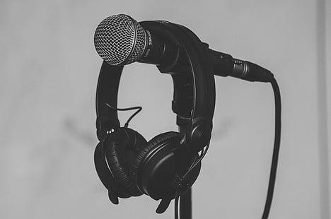 audio, black and white, close up, electricity, electronics, equipment, headphones, mic, microphone, microphone stand, music, recording, sound, sound recording, studio, technology, HD wallpaper HD wallpaper