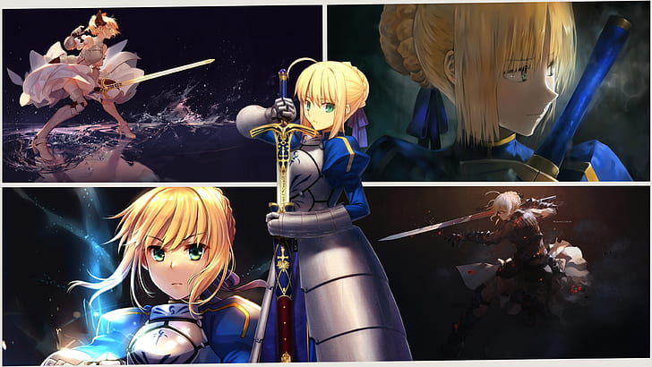 anime, anime girls, Fate Series, Fate/Stay Night, Fate/Stay Night: Unlimited Blade Works, Saber, girls with swords, picture-in-picture, artwork, HD wallpaper