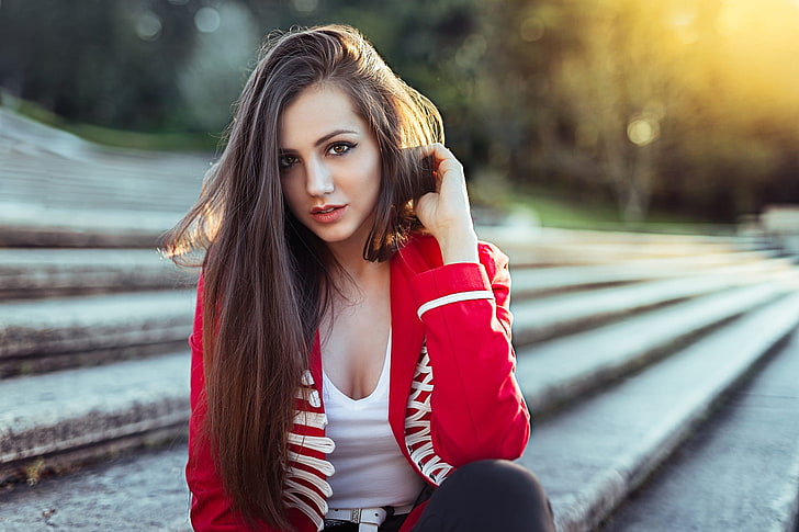 women's red zip-up jacket, woman in red and white blazer with white scoop-neck shirt posing for a photo, women, brunette, women outdoors, stairs, face, portrait, bokeh, cleavage, brown eyes, long hair, eyeshadow, Anatol Struna, looking at viewer, straight hair, Ecaterina, jacket, HD wallpaper
