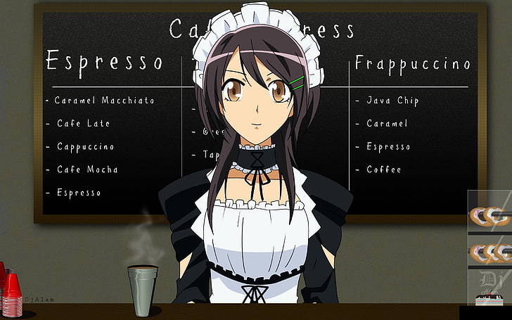 black-haired girl anime character, girl, brunette, cute, smile, waitress, HD wallpaper
