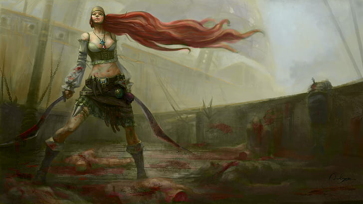 video games blood redheads pirates league of legends long hair weapons artwork katarina the sinister People Redheads HD Art , blood, Video Games, HD wallpaper