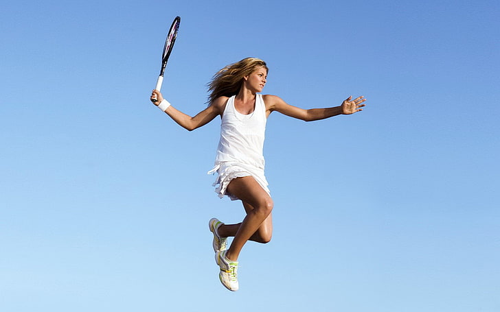 Женщина играет в теннис, Мария Кириленко, теннис, ракетка, прыжок, рука, HD обои