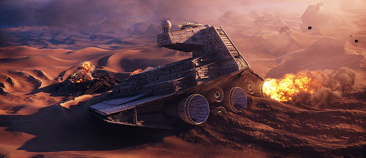game application screenshot, Star Wars, Star Destroyer, TIE Fighter, sand, desert, crash, HD wallpaper