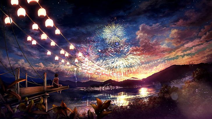 อะนิเมะ, สาวอะนิเมะ, น้ำ, ดอกไม้ไฟ, ท้องฟ้า, เมฆ, งานศิลปะ, โคมไฟ, กลางคืน, วอลล์เปเปอร์ HD