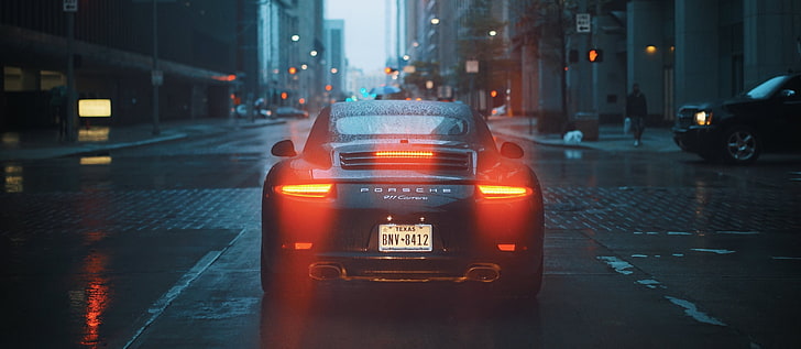 black Porsche Carrera sports coupe, lights, car, cityscape, rain, Porsche 911, HD wallpaper