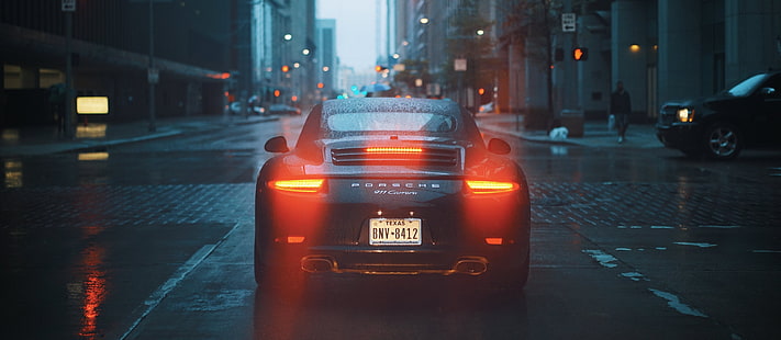 Porsche Carrera preto cupê esportivo, luzes, carro, paisagem urbana, chuva, Porsche 911, HD papel de parede HD wallpaper