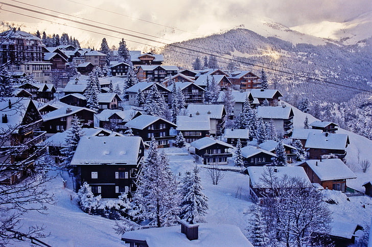雪に覆われた家、都市、雪、スイス、アルプス、スイスアルプス、 HDデスクトップの壁紙