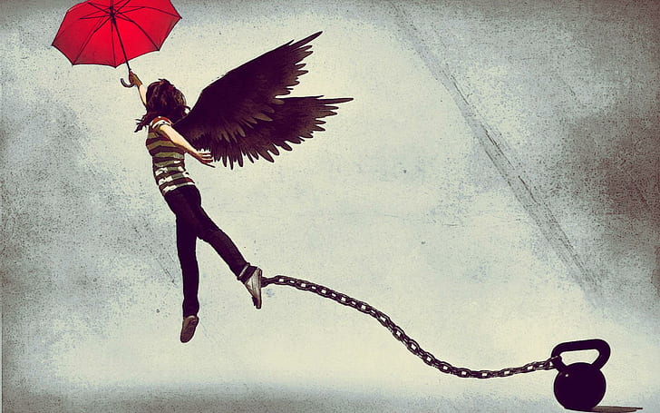 Ангел между земята и небето, жена с крила, държаща чадър живопис, цифрово изкуство, 1920x1200, верига, ангел, чадър, тегло, HD тапет