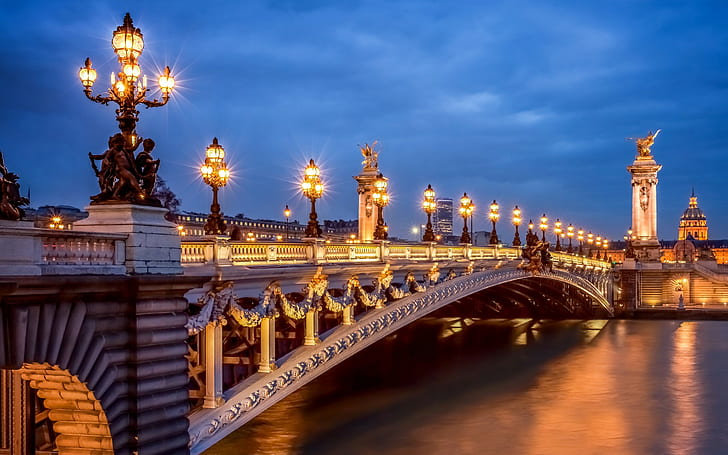 France,Pont Alexandre III, Paris, France, city, evening, Pont Alexandre III, lights, light, lighting, river Seine, HD wallpaper