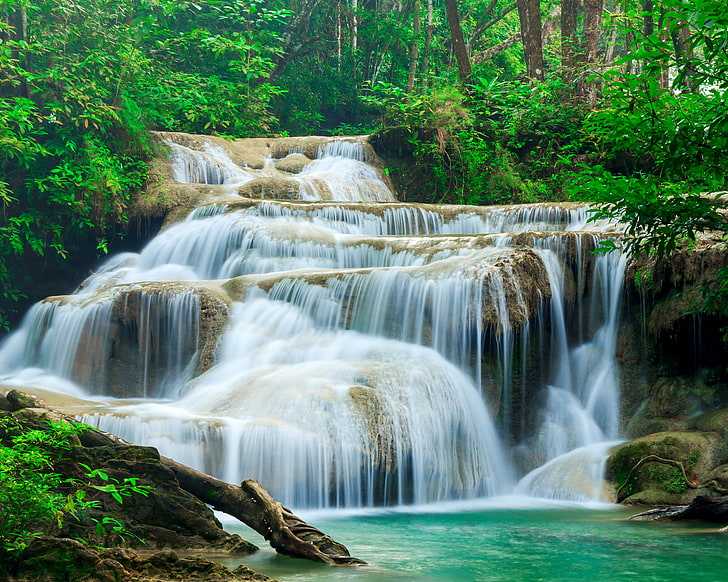 cascade waterfalls, forest, stream, waterfall, Thailand, Kanchanaburi, Erawan Waterfall, Erawan, HD wallpaper