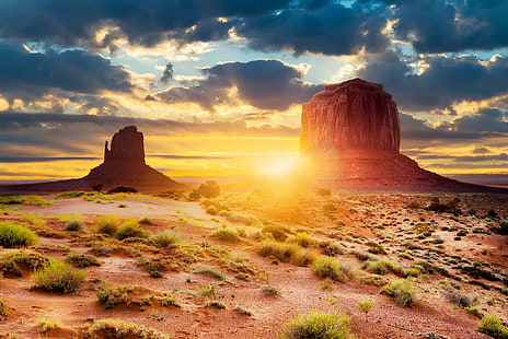 Arizona, Utah, Monument Valley, punkt orientacyjny z brązowego betonu, Stany Zjednoczone, Arizona, Utah, Monument Valley, formacja geologiczna, pustynia, słońce, światło, Tapety HD HD wallpaper