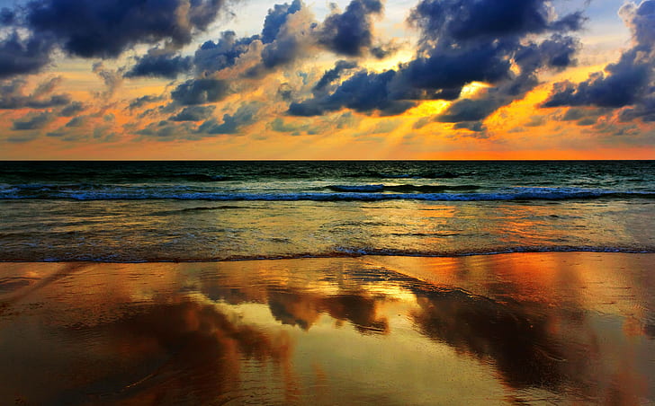 alam, laut, awan, ombak, pantai, refleksi, Wallpaper HD