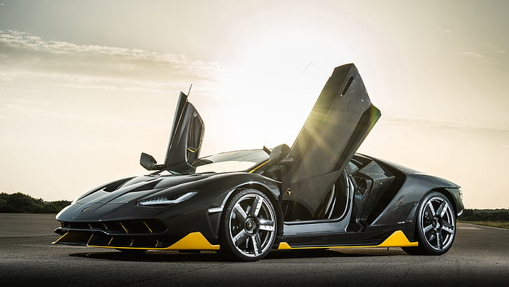 Lamborghini Centenario black Coupe, portes ouvertes, rayons de soleil, Lamborghini, Centenario, Black, Coupe, Doors, Opened, Sun, Rays, Fond d'écran HD