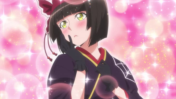 Tsukimichi: Moonlit Fantasy, Mio (Tsukimichi: Moonlit Fantasy), zrzut ekranu Anime, zielone oczy, ciemne włosy, anime girls, zarumieniony, dłoń na twarzy, rękawiczki, kimono, opaska na głowę, błyskotki, Tapety HD