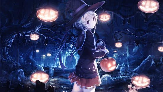 Halloween, witch hat, pumpkin, graveyards, trees, white hair, bats, witch, HD wallpaper HD wallpaper