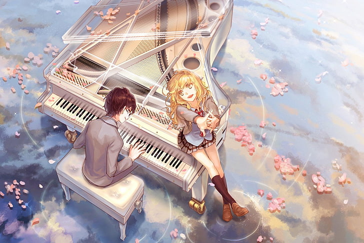 Hombre tocando el piano mujer blanca sentada al lado del hombre ilustración anime, Anime, tu mentira en abril, Kaori Miyazono, Kousei Arima, Fondo de pantalla HD