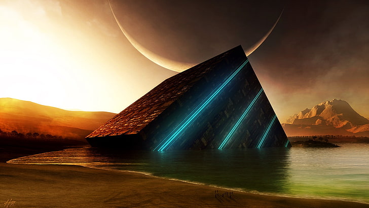 lighted triangle on body of water wallpaper, artwork, fantasy art, sea, beach, mountains, planet, HD wallpaper
