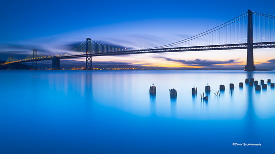 Most Oakland Bay, Morning, Calmness, San Francisco bay bridge, Oakland Bay bridge, San Francisco California, San Francisco bay bridge, Haida, filtr optyczny, długa ekspozycja, długa ekspozycja, soczewka z przesunięciem pochylenia, soczewka tilt shift, twarda krawędź, filtr ND, Stany Zjednoczone, słynne miejsce, most - konstrukcja stworzona przez człowieka, architektura, panorama miasta, morze, pejzaż miejski, most wiszący, niebieski, Tapety HD HD wallpaper
