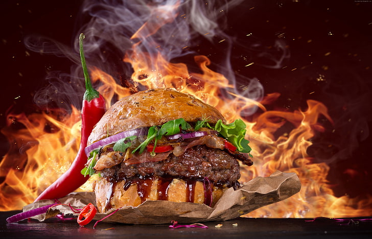 Burger, biftek, 5K, yangın, fast food, biber, HD masaüstü duvar kağıdı