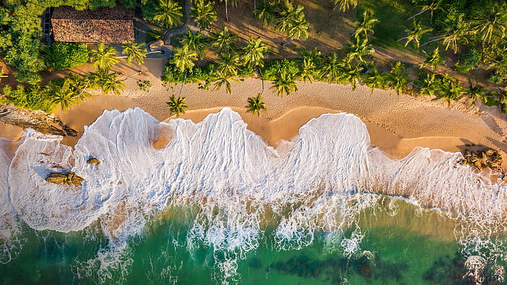 nature, landscape, sand, aerial view, bird's eye view, water, trees, coast, Tangalle, Sri Lanka, HD wallpaper