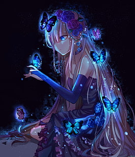 アニメ、アニメの女の子、ドレス、長い髪、ピンクの髪、青い目、蝶、 HDデスクトップの壁紙 HD wallpaper