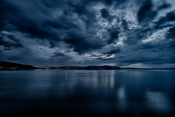 aerial photo of body of water under white cloudy sky, Askøy, HDR, aerial photo, body of water, white, cloudy, sky, bergen, Nordnes, view, dramatic, National  Geographic, VIVID, STRIKING, nature, sea, water, mountain, lake, blue, landscape, scenics, cloud - Sky, night, outdoors, HD wallpaper