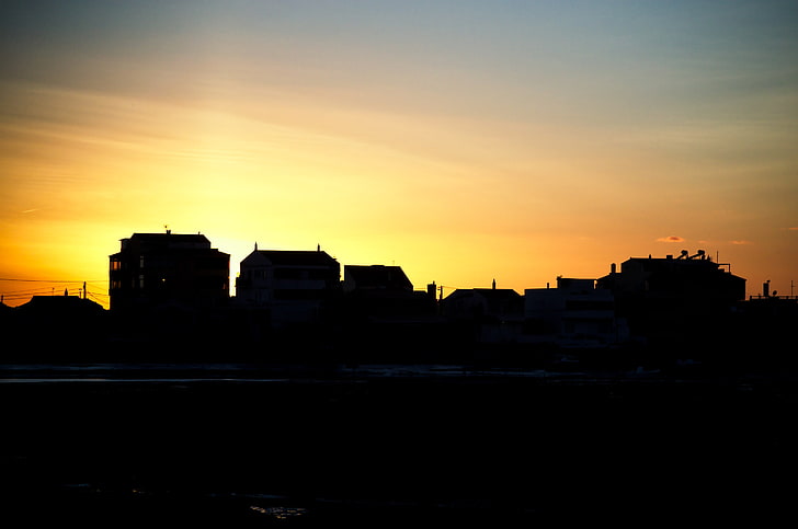 sylwetka budynków, zachód słońca, niebo, światło słoneczne, Tapety HD