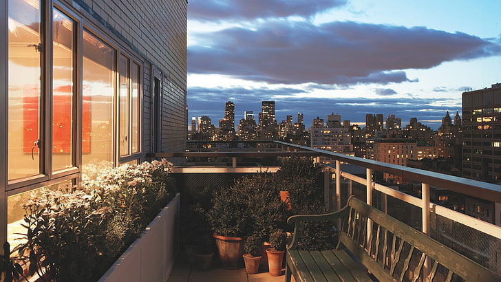 балкон, градски пейзаж, пейка, HD тапет