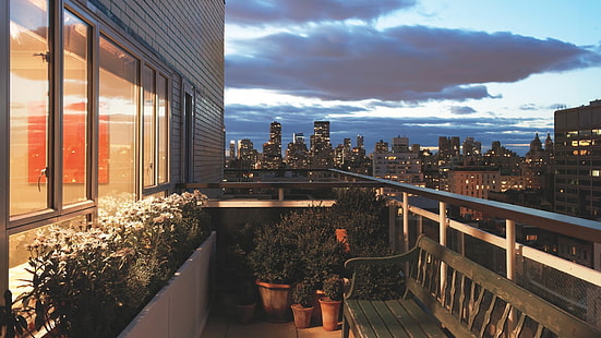 балкон, градски пейзаж, пейка, HD тапет HD wallpaper