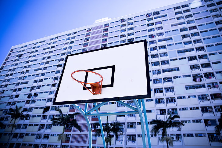 anneau de basket-ball blanc, filet de basket-ball, bâtiment, anneau, Fond d'écran HD