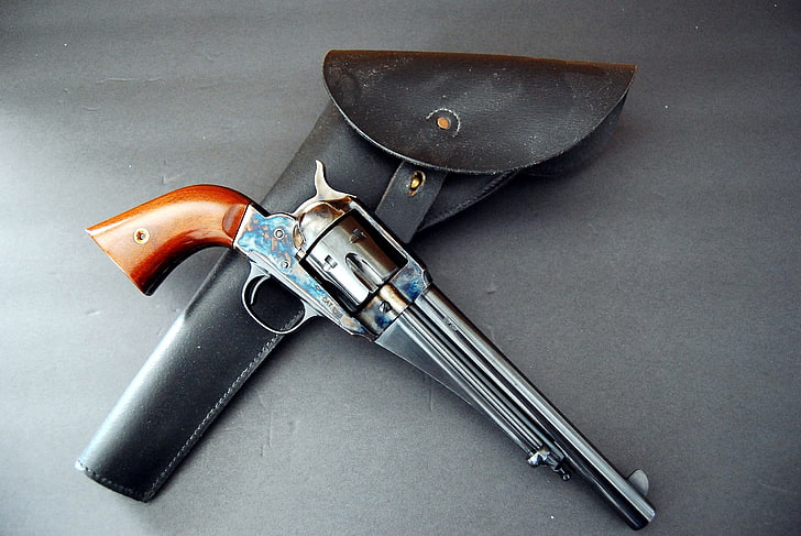 silver and brown revolver pistol, weapons, revolver, holster, Remington, 1875, HD wallpaper
