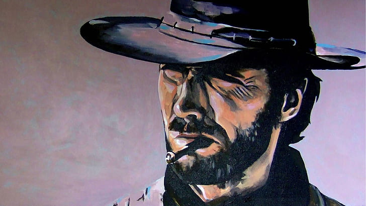 Clint Eastwood Smoking HD, beard, clint eastwood, colors, dark, hat, smoking, squinting, HD wallpaper
