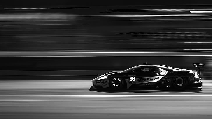auto da corsa nera, monocromatica, Ford GT 2017, freni, Sfondo HD