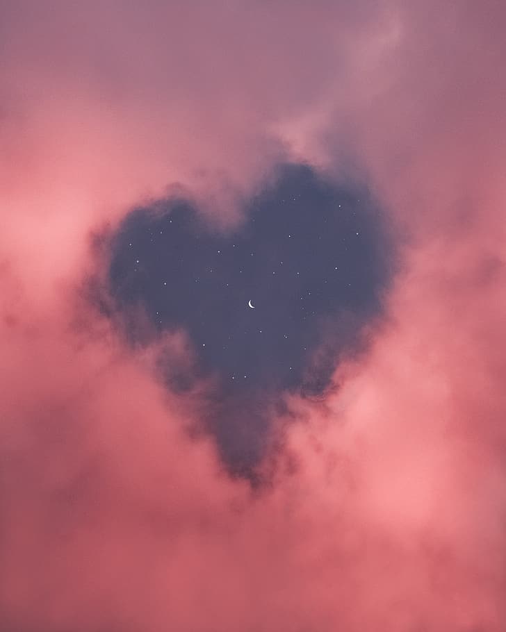 Heart (Design), sky, Moon, stars, clouds, portrait display, vertical, HD wallpaper