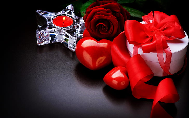 Подарък за Свети Валентин, рози, подаръци, свещ, сърце, любов, HD тапет