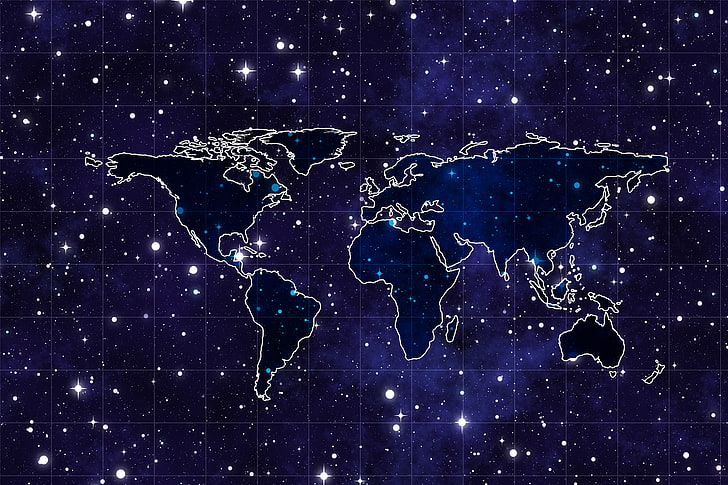 Gráficos del mapa mundial con temática de galaxias, espacio, continentes, mapa, Fondo de pantalla HD