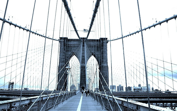 jembatan beton hitam, jembatan, kabut, pagi, kota, gantung, hitam putih, Wallpaper HD