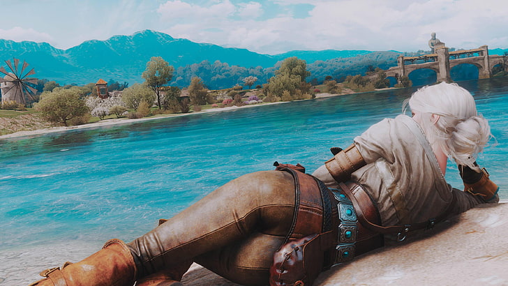 woman resting beside water paintings, white-haired woman wearing gray top and brown denim pants lying in front of calm body of water beside trees game wallpaper, Cirilla, Cirilla Fiona Elen Riannon, The Witcher 3: Wild Hunt, ass, white hair, water, video games, fantasy girl, The Witcher, Ciri, women, HD wallpaper