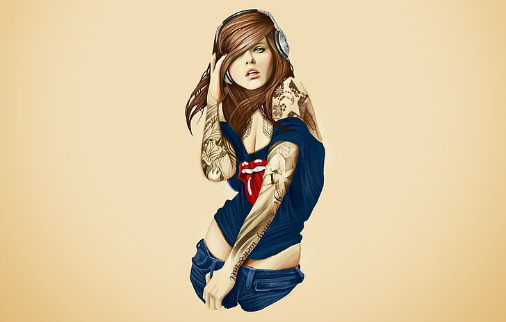 wanita di atas tanpa lengan biru, kartun, wanita, headphone, karya seni, tato, The Rolling Stones, latar belakang sederhana, Wallpaper HD