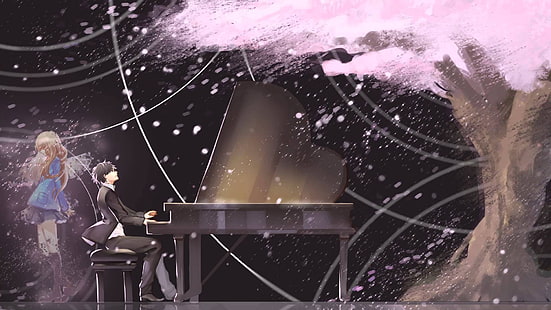 pria bermain piano dengan latar belakang gelombang anime lautan, gadis anime, karya seni, Shigatsu wa Kimi no Uso, Arima Kousei, piano, biola, manga, pohon, berangin, Wallpaper HD HD wallpaper
