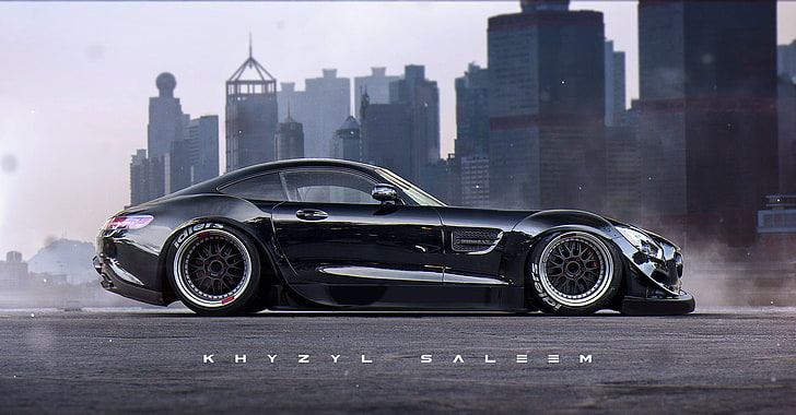 foto primo piano della coupé nera, Khyzyl Saleem, grafica, tuning, Mercedes-Benz AMG GT, rendering, Mercedes-AMG, Sfondo HD