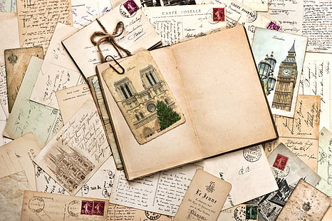 libretto marrone, linea, vintage, monumenti, va carta, lettere, cartoline, marca, Sfondo HD HD wallpaper