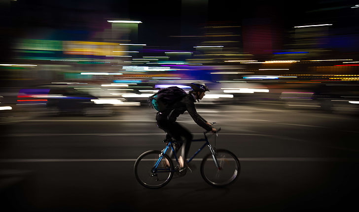 athlete, bicycle, bike, cycling, cyclist, dark, lights, long exposure, night, person, road, sport, time lapse, HD wallpaper