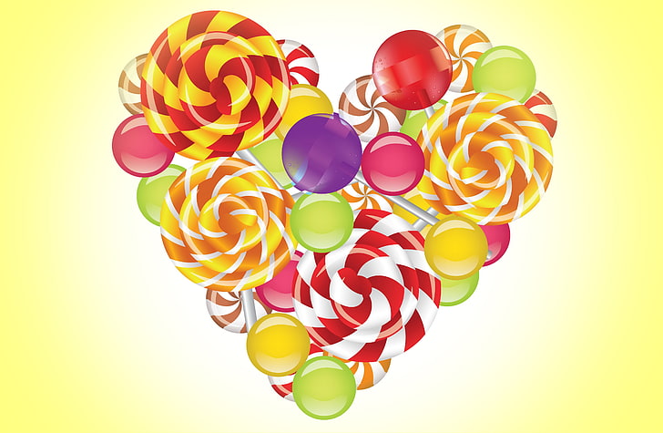 illustrazione di cuore caramella multicolore, trama, lecca-lecca, lecca-lecca, caramelle, Sfondo HD