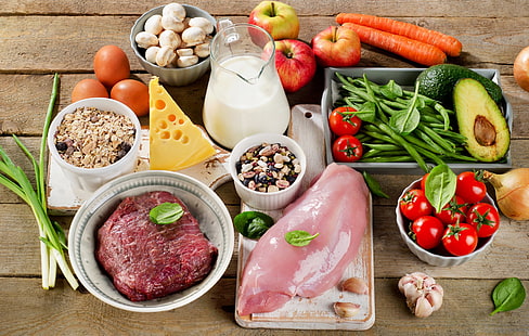 Speisen, Stillleben, Käse, Fleisch, Milch, Pilz, Tomate, Gemüse, HD-Hintergrundbild HD wallpaper