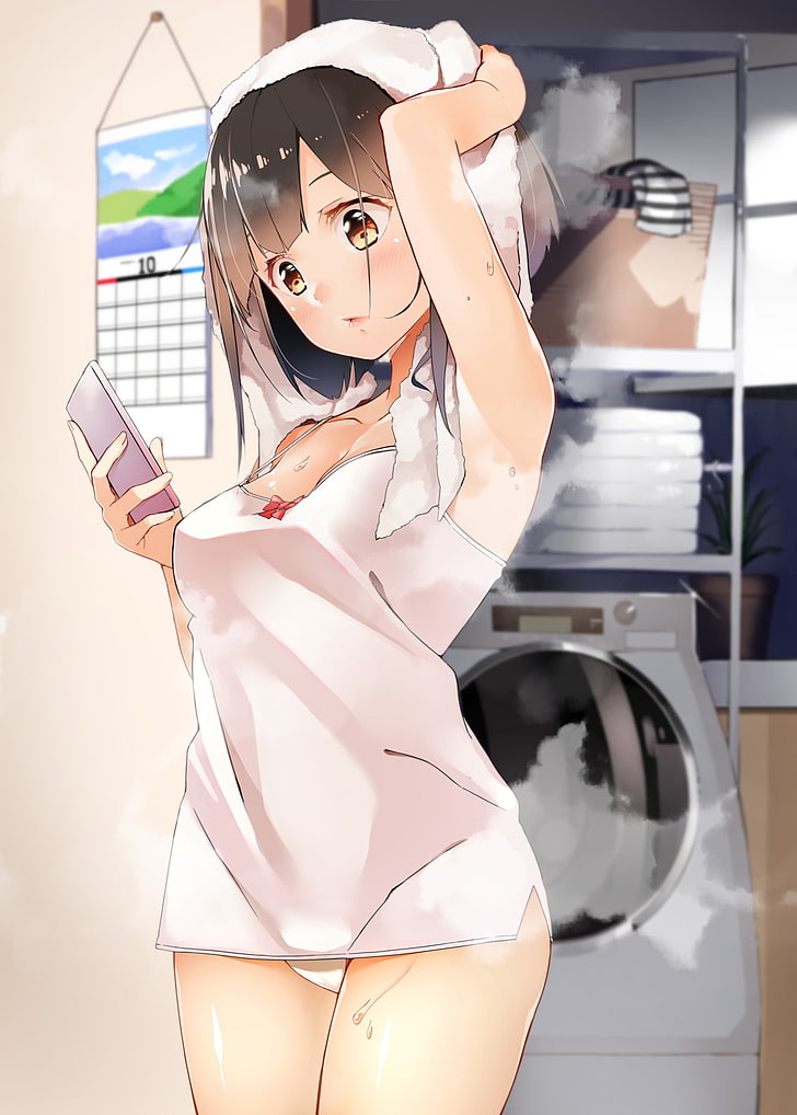 Anime Girls, Smartphone, kurze Haare, nasse, originelle Charaktere, HD-Hintergrundbild, Handy-Hintergrundbild