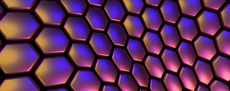 Hexagones géométriques, artistique, 3D, bleu, hexagones, tableau, mélangeur, rendu, violet, rose, orange, Fond d'écran HD HD wallpaper