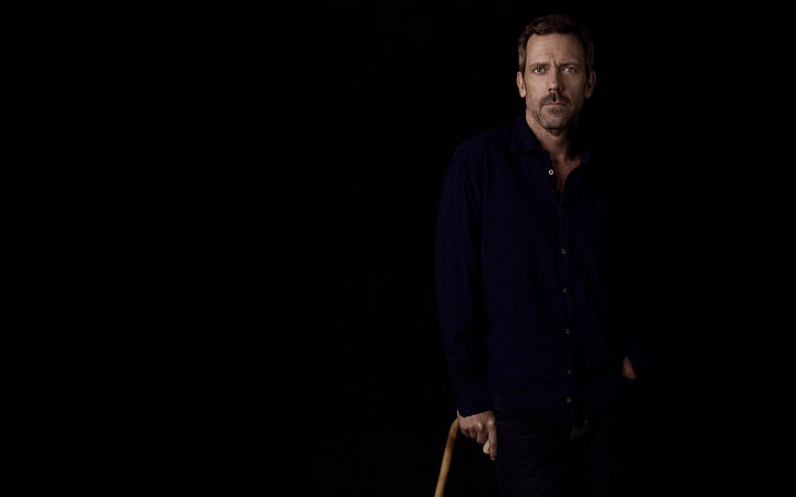 men's blue dress shirt, the dark background, cane, actor, shirt, Hugh Laurie, Dr. house, house m.d., HD wallpaper